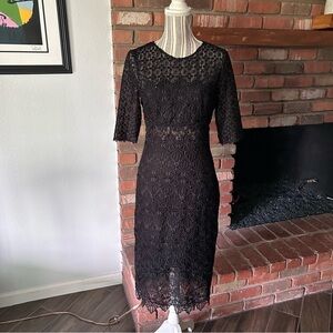 Monique Lhullier Black Lace Floral Sheath Dress Sz 6
